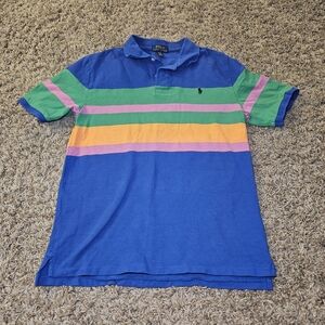 Polo Ralph Lauren Boys Size XL(18-20) Blue w/Colored Stripes Short Sleeve Polo